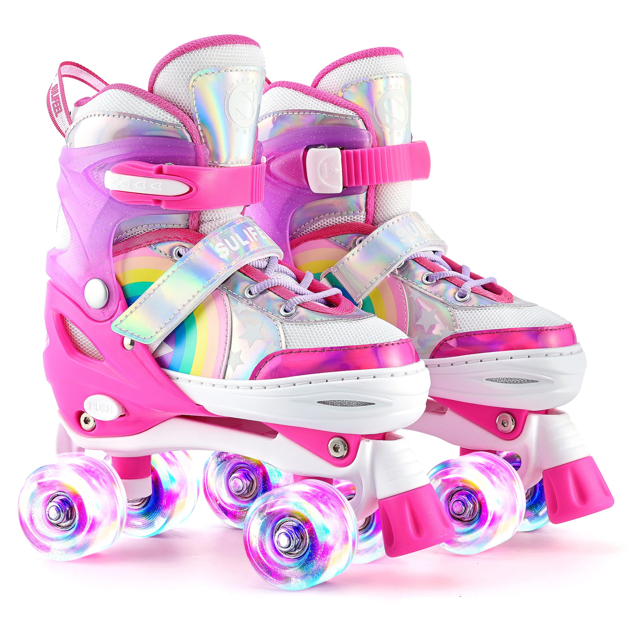 SULIFEEL Rainbow LED Light Up Roller Skates - Adjustable Kids Skates with Self-Powered Wheels