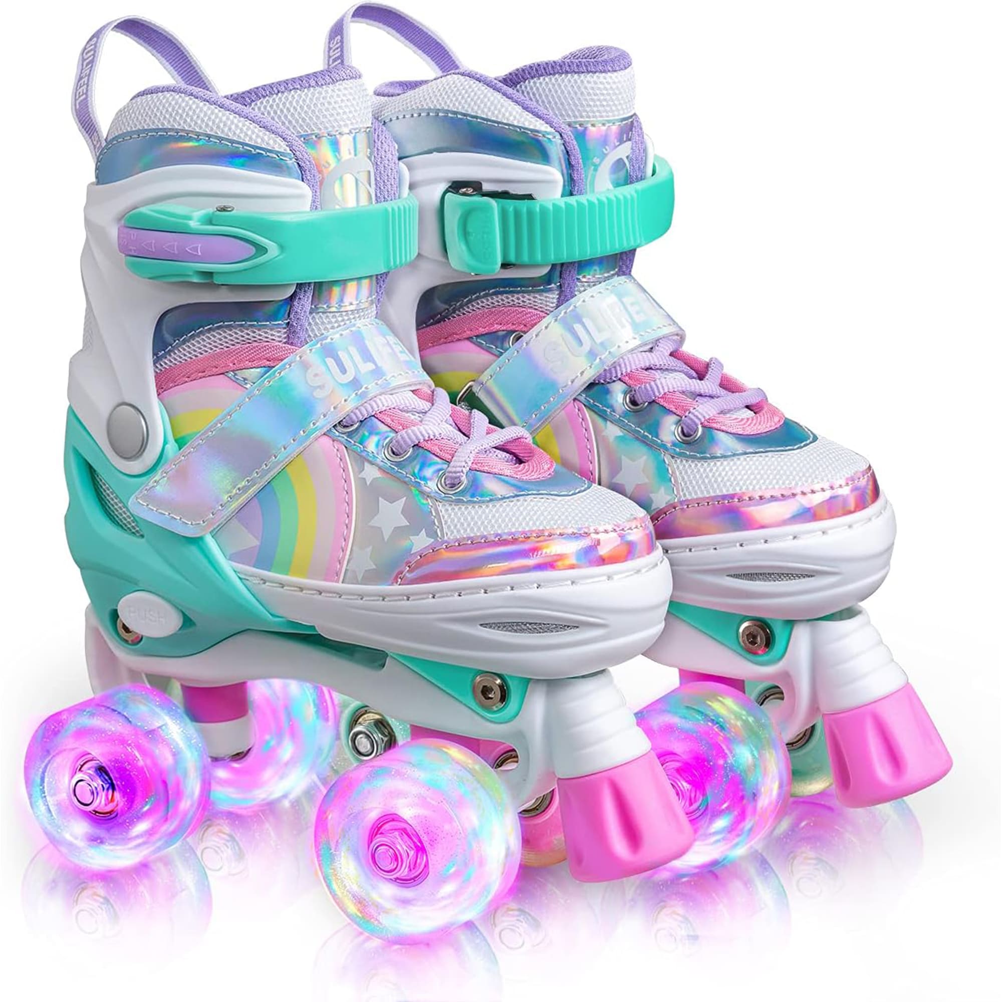 SULIFEEL Rainbow LED Light Up Roller Skates - Adjustable Kids Skates with Self-Powered Wheels