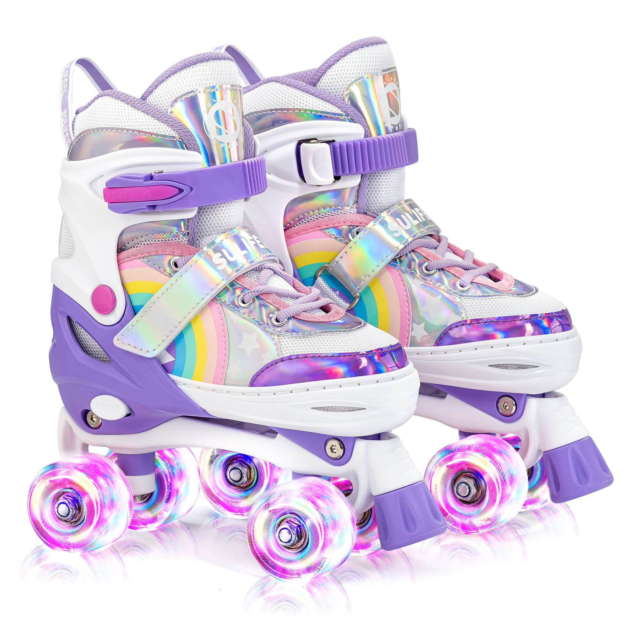 SULIFEEL Rainbow LED Light Up Roller Skates - Adjustable Kids Skates with Self-Powered Wheels