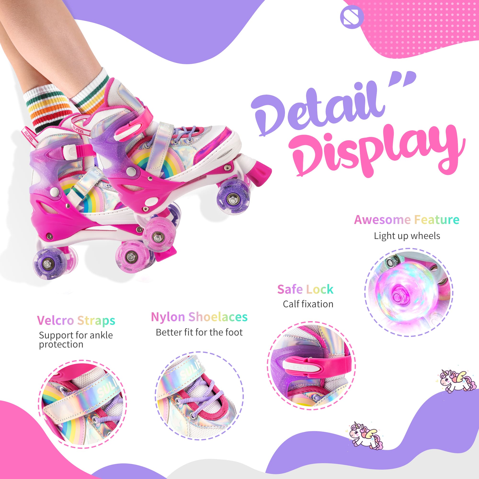 SULIFEEL Rainbow LED Light Up Roller Skates - Adjustable Kids Skates with Self-Powered Wheels