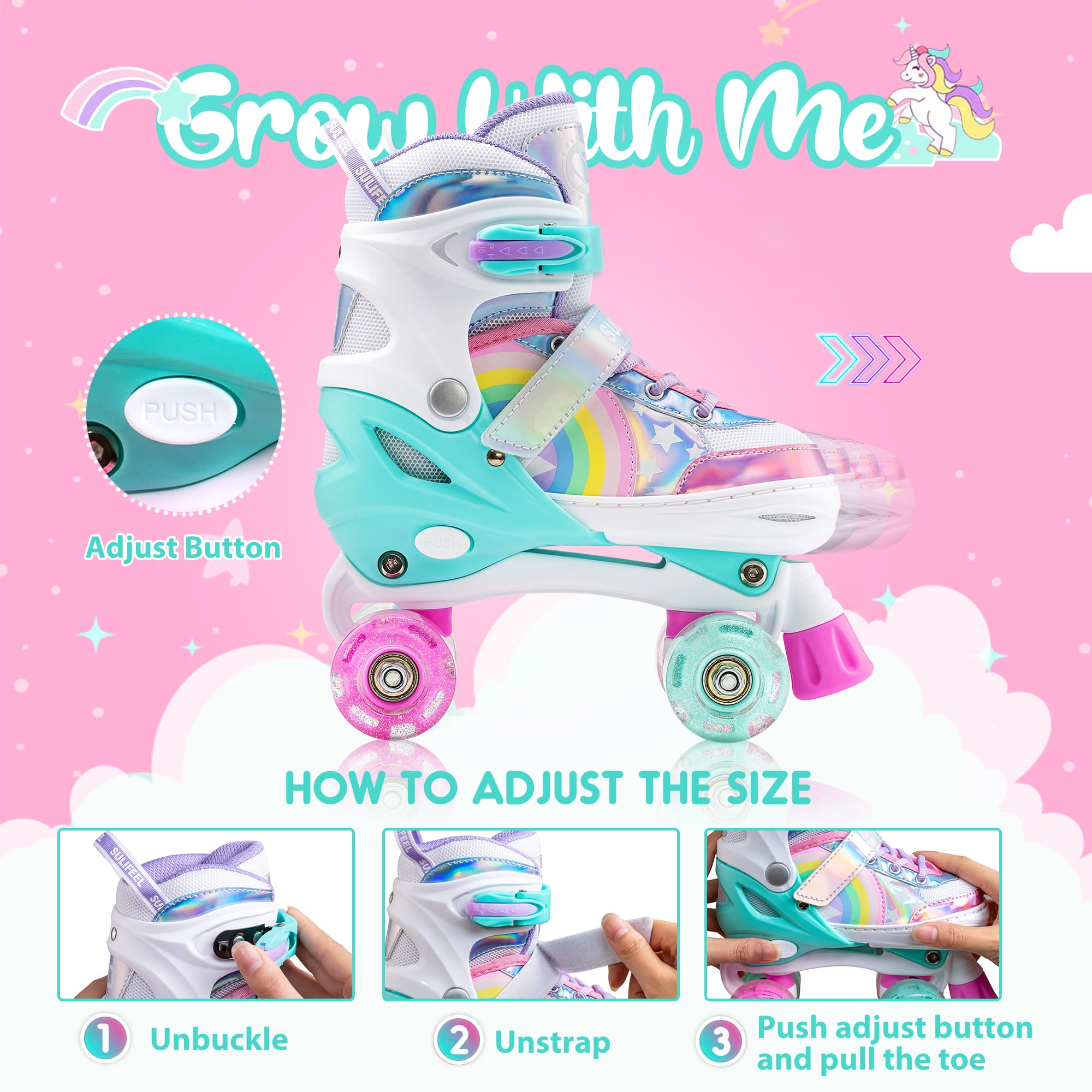 SULIFEEL Rainbow LED Light Up Roller Skates - Adjustable Kids Skates with Self-Powered Wheels