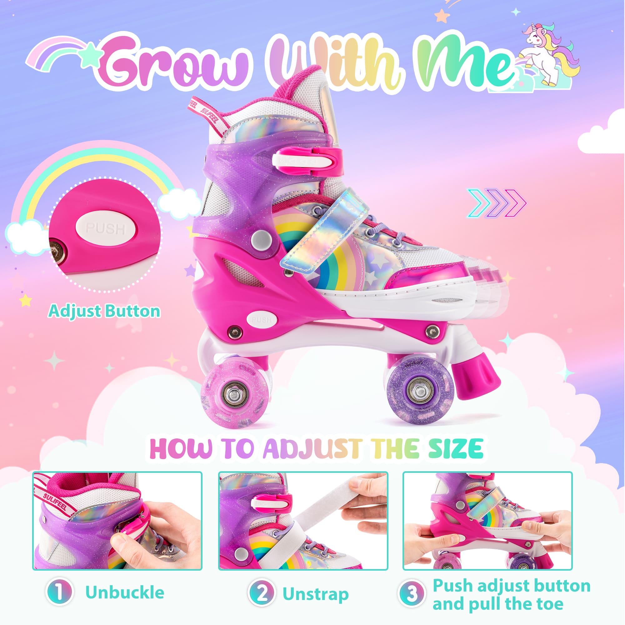 SULIFEEL Rainbow LED Light Up Roller Skates - Adjustable Kids Skates with Self-Powered Wheels