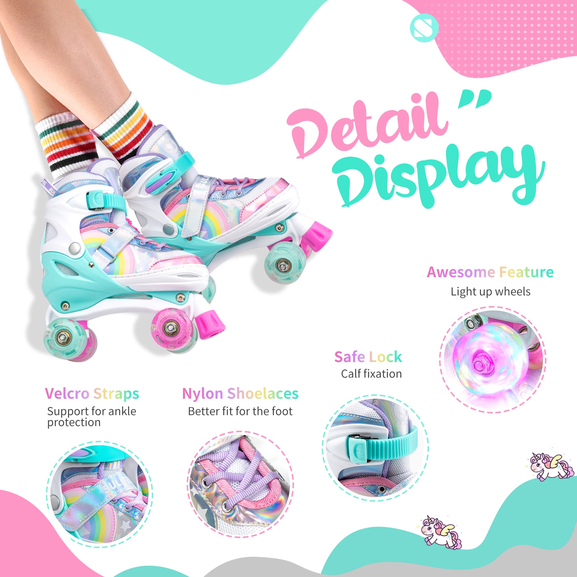 SULIFEEL Rainbow LED Light Up Roller Skates - Adjustable Kids Skates with Self-Powered Wheels