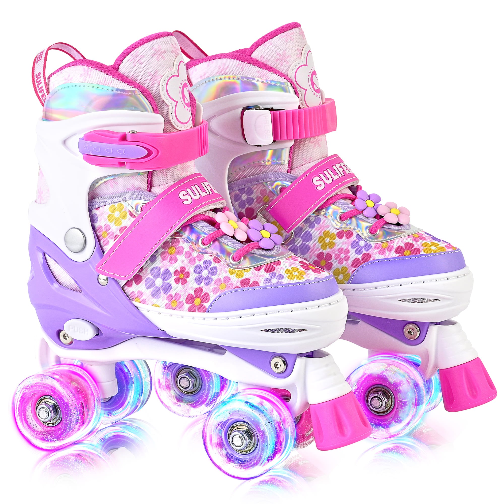 SULIFEEL Rainbow LED Light Up Roller Skates - Adjustable Kids Skates with Self-Powered Wheels