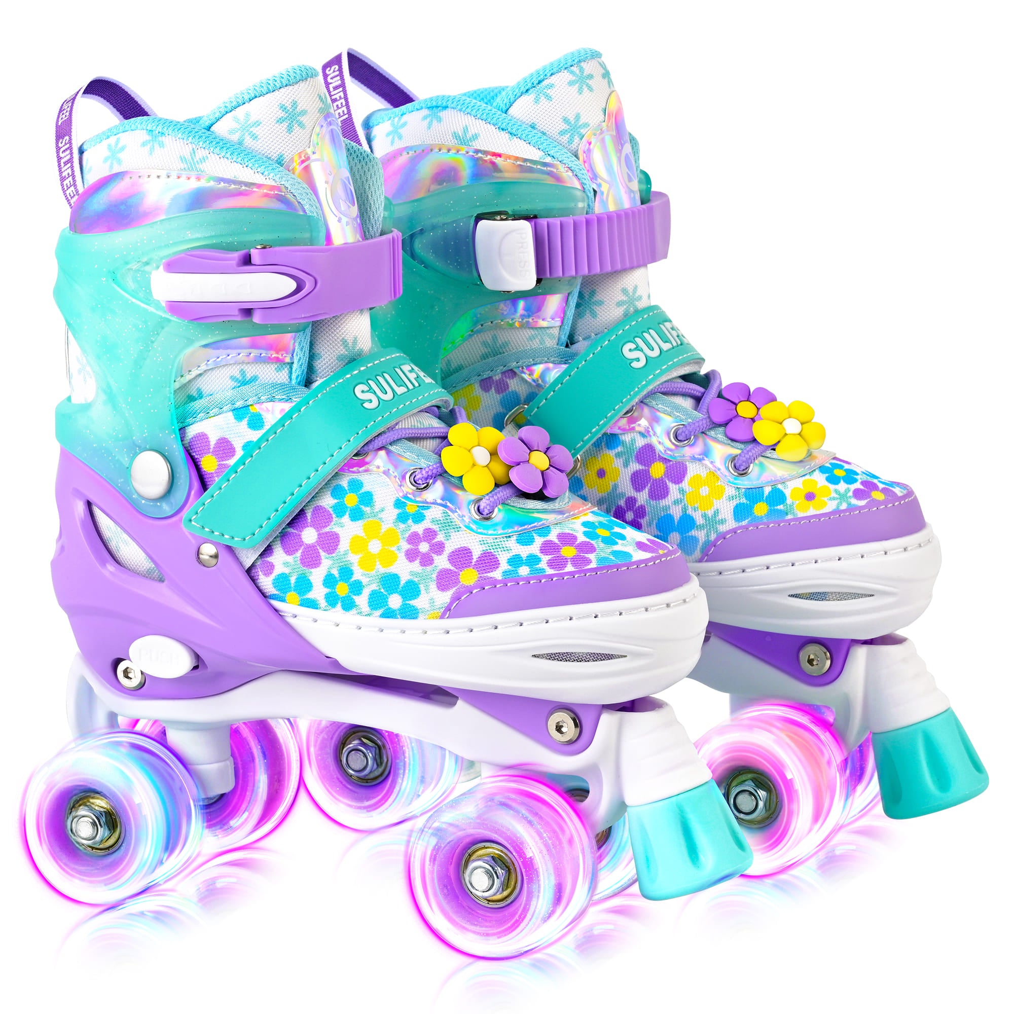SULIFEEL Rainbow LED Light Up Roller Skates - Adjustable Kids Skates with Self-Powered Wheels
