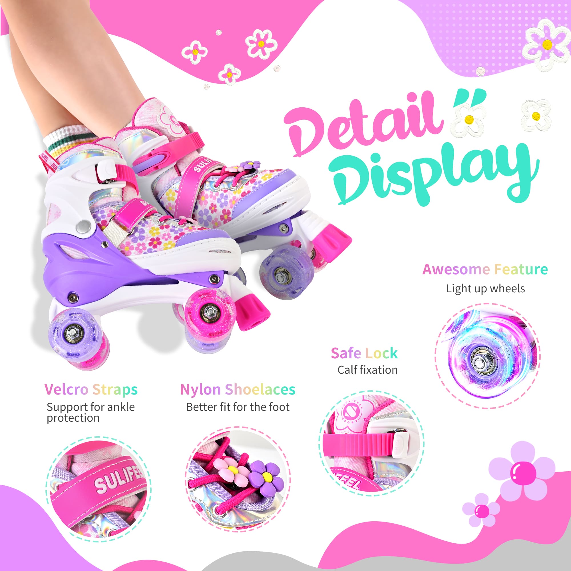SULIFEEL Rainbow LED Light Up Roller Skates - Adjustable Kids Skates with Self-Powered Wheels