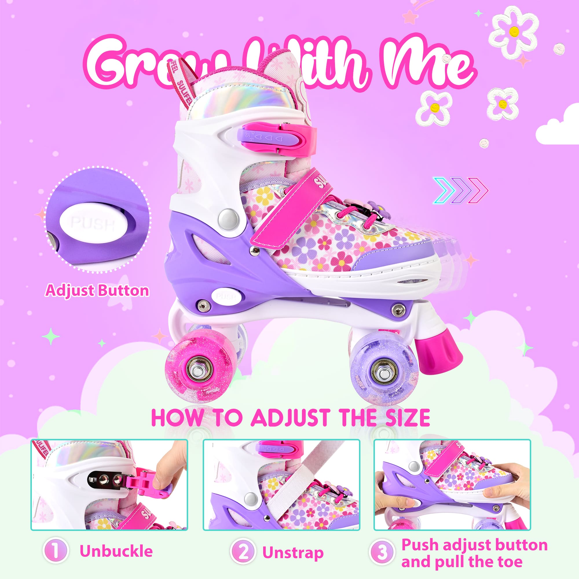 SULIFEEL Rainbow LED Light Up Roller Skates - Adjustable Kids Skates with Self-Powered Wheels