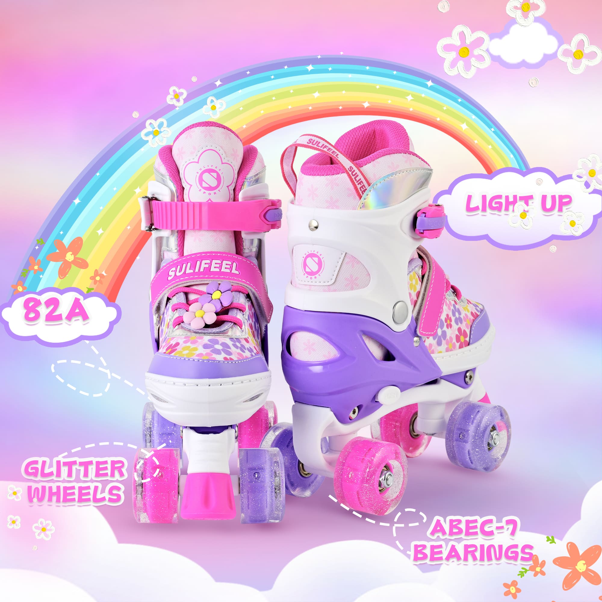 SULIFEEL Rainbow LED Light Up Roller Skates - Adjustable Kids Skates with Self-Powered Wheels