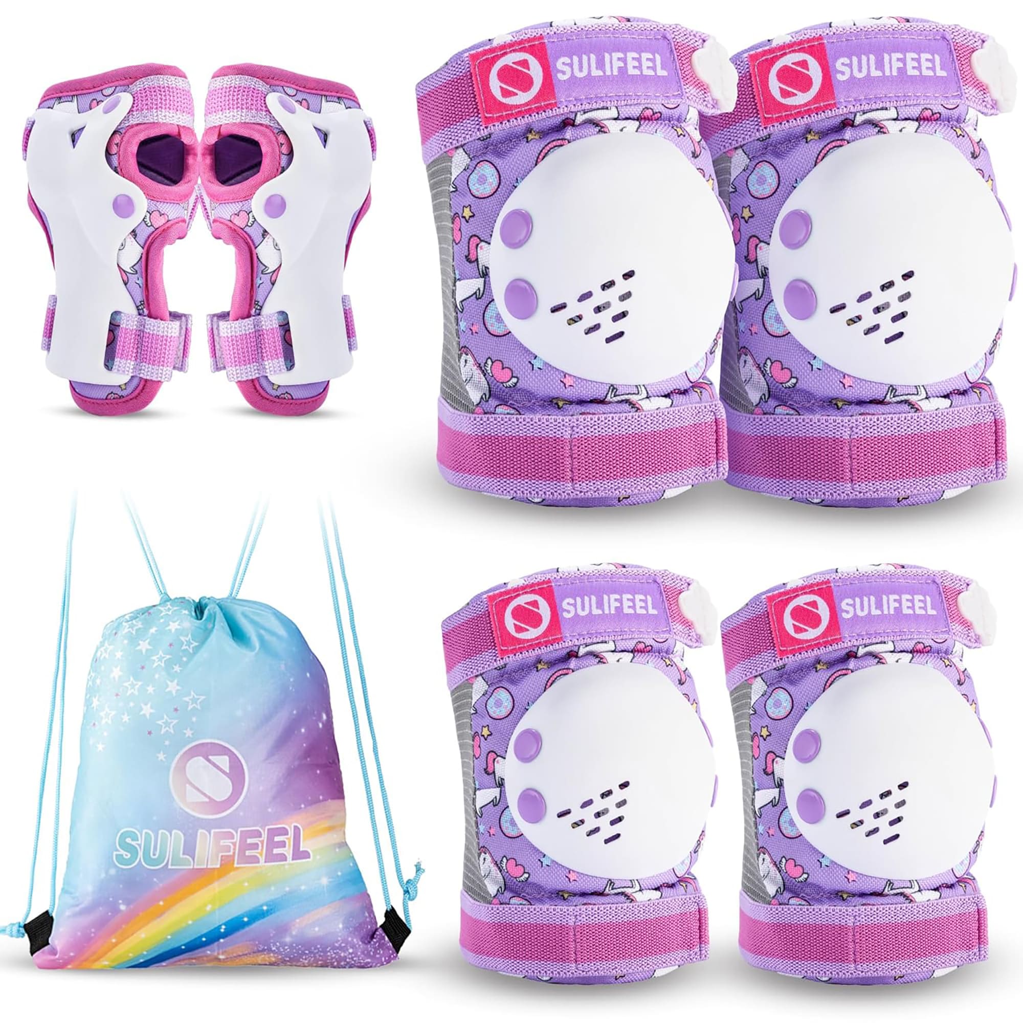 SULIFEEL Rainbow Knee Pads for Kids, Wrist Guards Knee and Elbow Pads Set