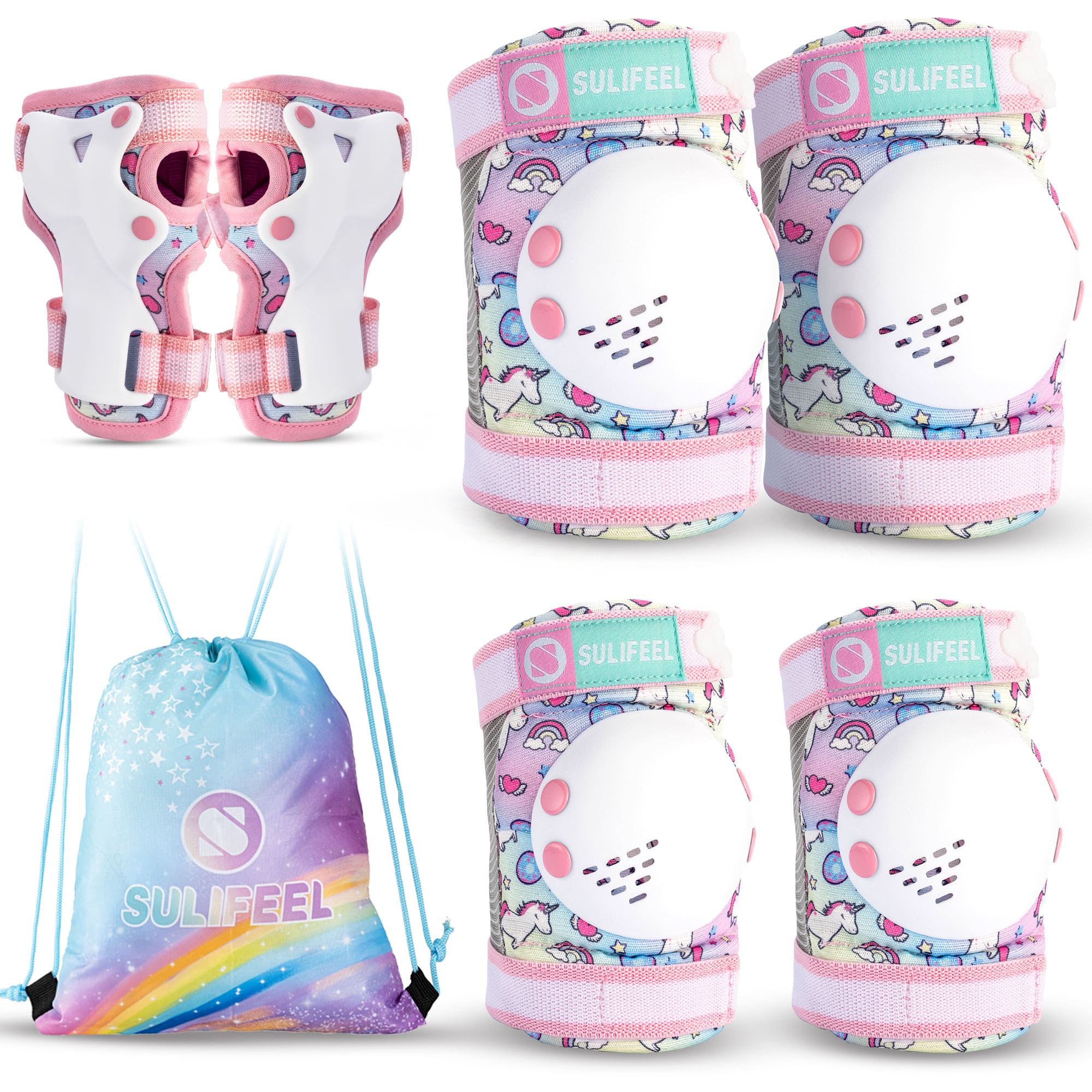 SULIFEEL Rainbow Knee Pads for Kids, Wrist Guards Knee and Elbow Pads Set